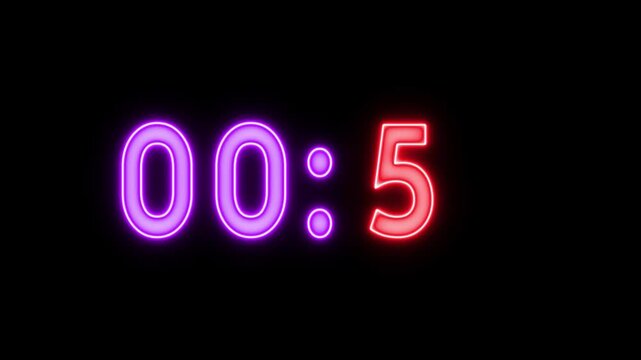 Neon counting timer animation. Neon 51 seconds timer animation. Glowing neon counter number.