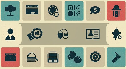 A collection of flat design icons representing various business and technology concepts.