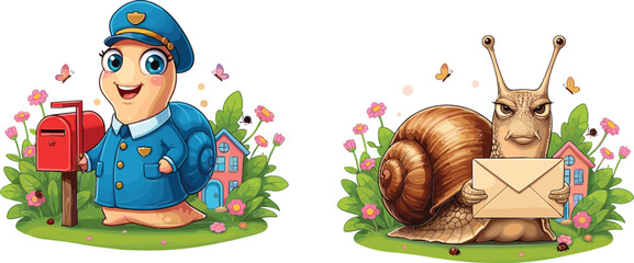 Cute cartoon snails as postmen delivering mail, funny animal characters illustration, happy snail mail carriers with envelopes in garden scene © Mehedi