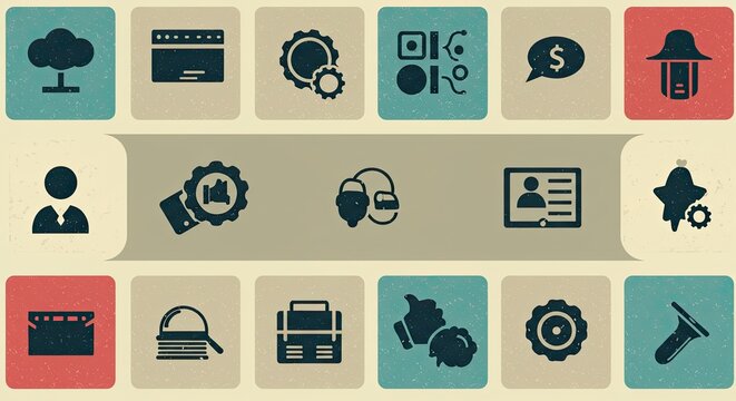 A collection of flat design icons representing various business and technology concepts.
