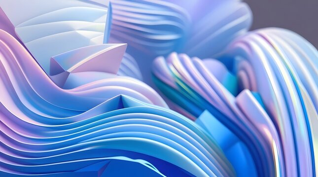 3D abstract geometric shapes with intricate details and reflective surfaces in soft holographic pastel colors such as pale pink, baby blue, and mint green, with a subtle gradient effect to create a se