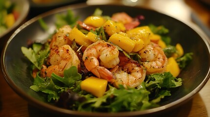Vibrant shrimp salad with fresh greens and mango.