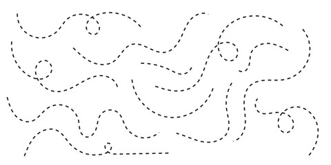 Hand drawn dot line path doodle. Dashed arrow set. Vector doodle dot line. Dotted hand drawn arrow. Doodle arrows of various shapes and directions. Path travel dotted line trip dashed best collection.