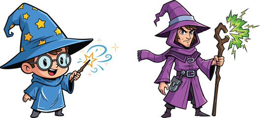 Cute cartoon wizard boy and powerful sorcerer with magic wand and staff, fantasy magician character vector illustration, mystical artwork design © Mehedi