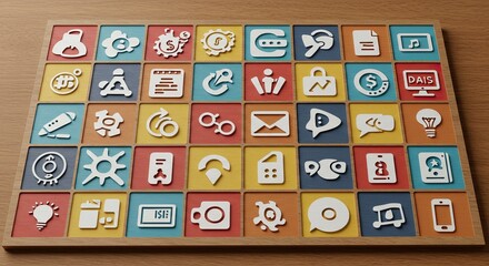 Colorful board with various app icons and symbols in a grid pattern.