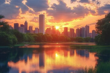 Fototapeta premium Sunset over a city skyline with skyscrapers reflecting in a calm lake surrounded by lush green trees creating a peaceful and warm atmosphere