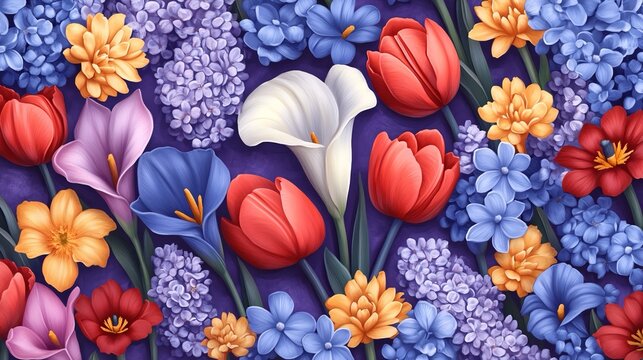 Vibrant spring flowers such as tulips, calla lilies, and hyacinths, set against a purple background in pastel colors.