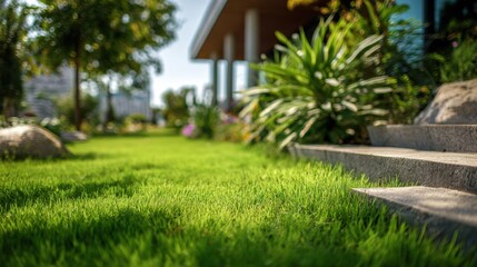Obraz premium photo, taken from ground level. Garden, modern landscaping, blank signage pitched into the ground and facing the camera as a close up, background is out of focus 