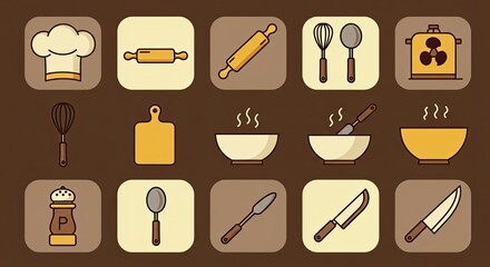 A collection of flat design icons representing various cooking utensils and kitchenware.