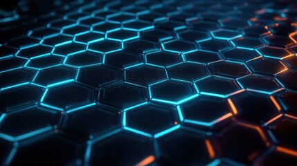 Obraz premium Close-up view of futuristic hexagonal grid illuminated with neon blue and orange lights creating a glowing honeycomb pattern