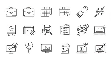 A collection of business-related icons, including briefcases, calendars, targets, charts, and checklists, presented in a clean, linear style.
