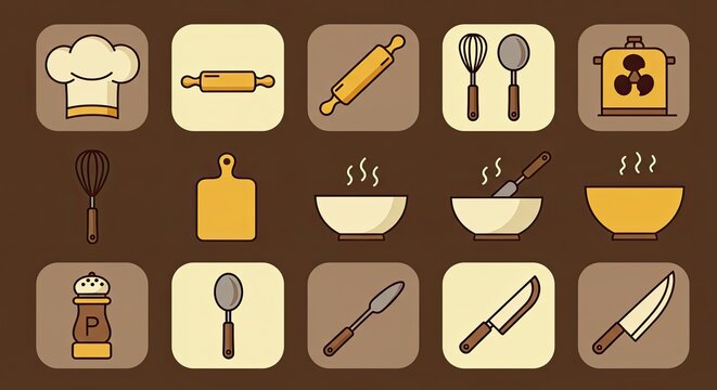 A collection of flat design icons representing various cooking utensils and kitchenware.