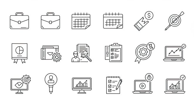 A collection of business-related icons, including briefcases, calendars, targets, charts, and checklists, presented in a clean, linear style.