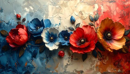 Abstract floral arrangement with poppies in vibrant hues, textured paint