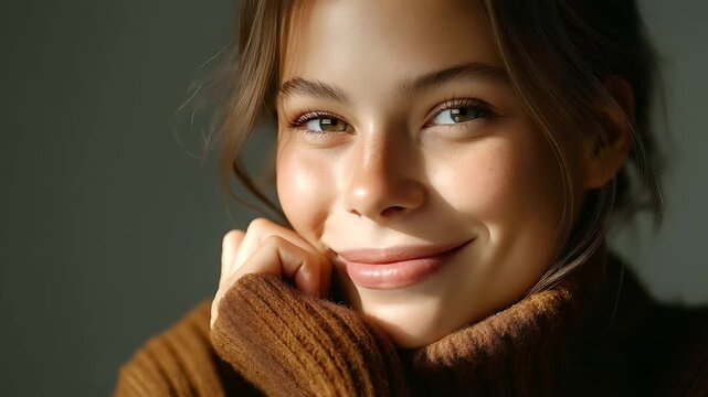 Positive young casual woman looking at camera, under gentle studio light, highlighting warm expression and relaxed pose, serene portrait scene, calm casual lighting, with copy spac