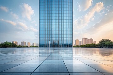 Fototapeta premium Symmetrical modern glass building reflecting on polished tiled plaza under a partly cloudy sky with city skyline and green trees in the background