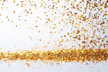 Golden square confetti falling and scattered on a reflective surface creating festive and celebratory atmosphere