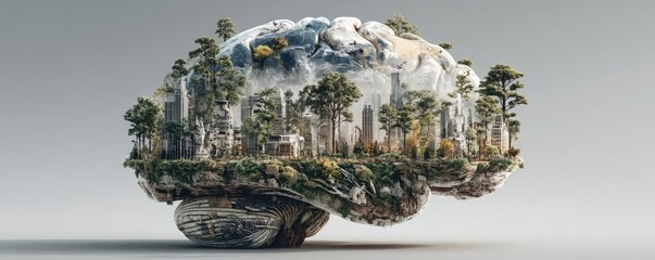 Mental health as global rising concern concept. A conceptual brain landscape merging nature and thought.