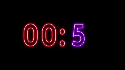 Neon counting timer animation. Neon 35 seconds timer animation. Glowing neon counter number.
