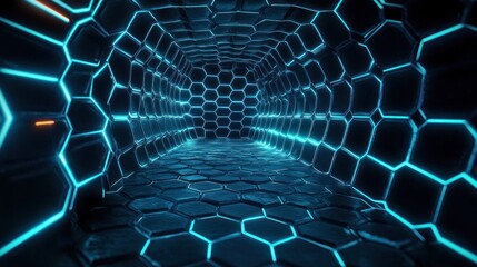 Obraz premium Futuristic hexagonal tunnel illuminated with glowing blue neon outlines creating a sense of depth and advanced technology