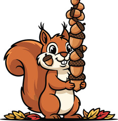 Fototapeta premium Cute squirrel holding stack of acorns, funny woodland animal illustration, autumn forest background, adorable cartoon character, nature wildlife art