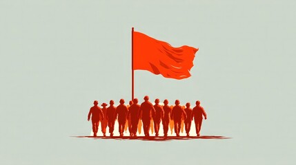 Determined group marches forward united under a vibrant red flag, symbolizing collective purpose, revolution, and forward momentum in a bold, graphic style.