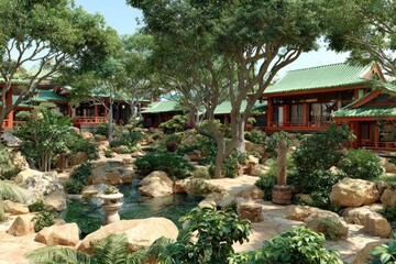 Lush Asian-style garden with traditional-looking buildings