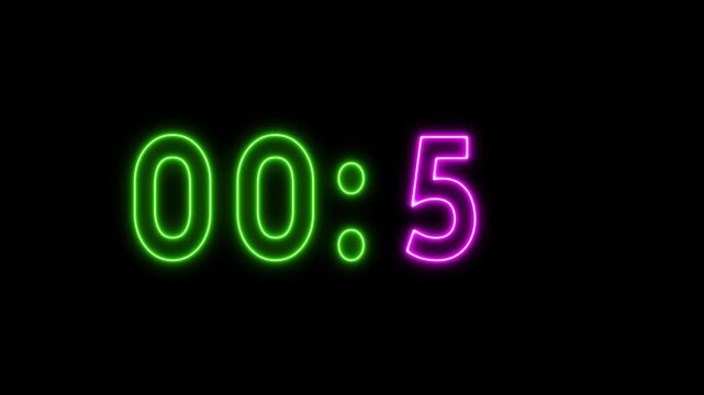 Neon counting timer animation. Neon 29 seconds timer animation. Glowing neon counter number.