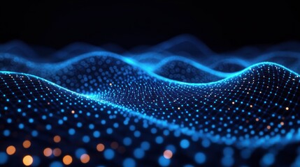 Glowing blue grid waves forming a futuristic digital landscape with scattered orange light points suggesting data flow and technology advancement