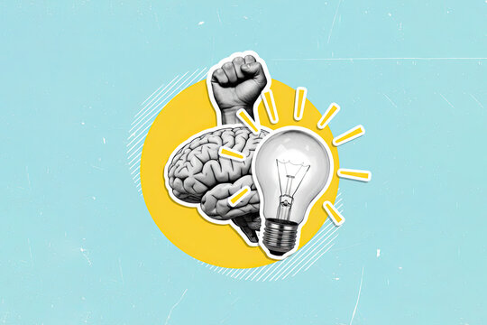 Brainpower and Eureka Moment: Fist Rising with Brain and Light Bulb Symbolizing Mental Force