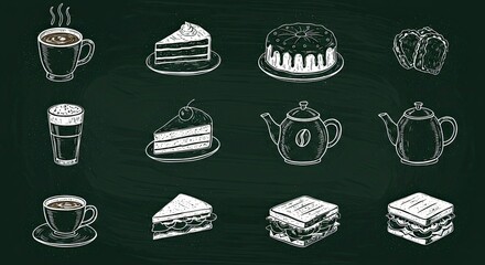 Chalkboard drawing of coffee, cake, sandwiches, and teapots.