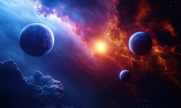 Vivid cosmic scene with glowing sun surrounded by fiery red and cool blue nebula clouds and three blue planets floating in space
