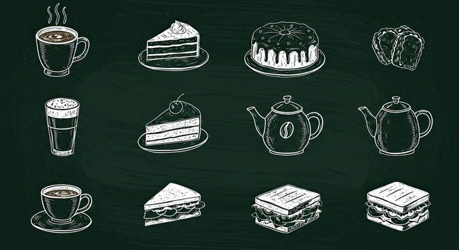Chalkboard drawing of coffee, cake, sandwiches, and teapots. - Powered by Adobe