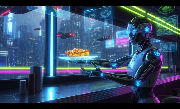 Sleek Robot Waiter Delivers Warm Pie in a Rainy Cyberpunk Metropolis - Powered by Adobe