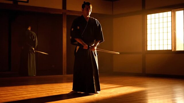 Focused Samurai Warrior Performs Katana Forms in a Dramatically Lit Traditional Japanese Dojo