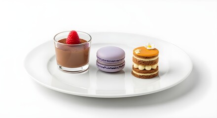 &ldquo;An Elegant Dessert Trio Featuring a Chocolate Mousse with Raspberry, a Purple Macaron, and a Mini Layered Pastry Artistically Presented on a White Plate in a Fine Dining Style