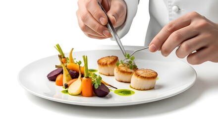 A Professional Chef Meticulously Plating a Gourmet Scallop Dish with Vibrant Vegetables and Artistic Presentation in a Fine Dining Setting