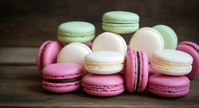Elegant Assortment of Colorful Macarons on Rustic Wooden Surface a Delightful French Pastry Display