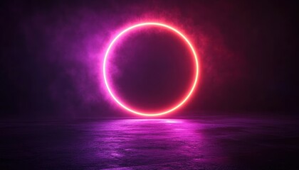 Glowing neon ring emitting pink and purple light with hazy smoky background reflecting on textured floor creating futuristic atmosphere