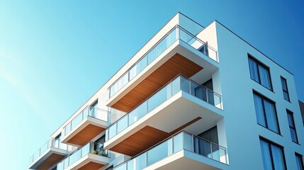Modern white apartment building with glass balconies under clear blue sky bright sunlight