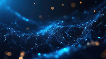 Abstract digital network of glowing blue interconnected points and lines forming a wave-like structure with scattered golden light particles on dark background