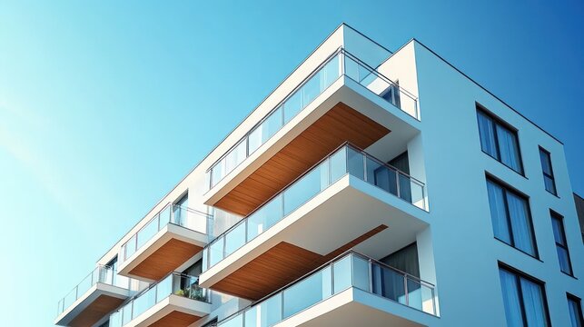 Modern white apartment building with glass balconies under clear blue sky bright sunlight