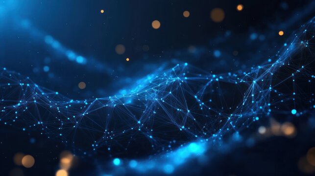 Abstract digital network of glowing blue interconnected points and lines forming a wave-like structure with scattered golden light particles on dark background