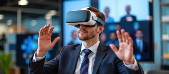 Businessman using virtual reality headset in a modern office setting.