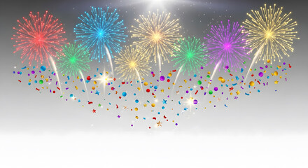 A vibrant display of colorful fireworks exploding in the night sky, accompanied by a shower of confetti.