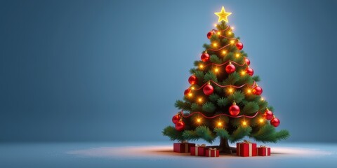 Festively decorated Christmas tree with lights and gifts, set against a blue background.