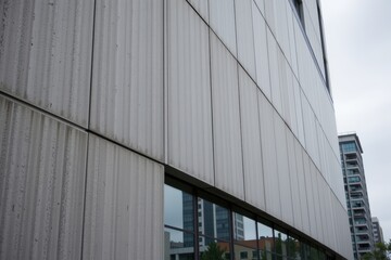 Modern building facade with reflective glass and textured concrete panels.