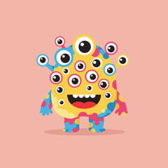 Cheerful Cartoon Monster with Multiple Eyes on Pastel Pink Background.