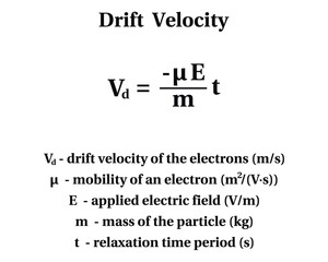 Drift Velocity Formula on the white background. Education. School. Vector illustration.