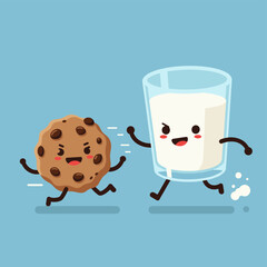 Cartoon Cookie Chases Milk Sweet Treat  Refreshing Drink on Light Blue Background.